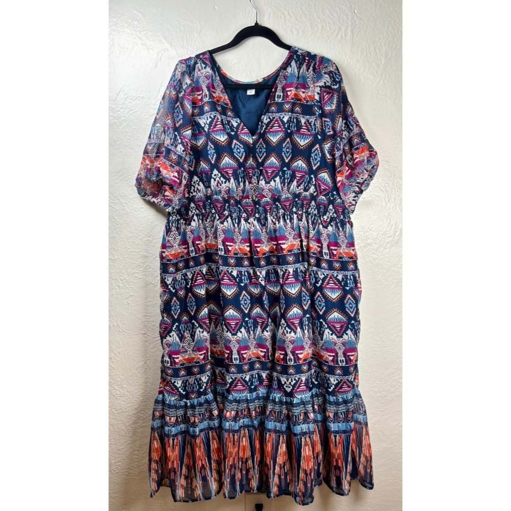 Long‎ Dress 2X Navy Geometric Smocked Waist Southwestern Tribal Aztec Cowgirl
